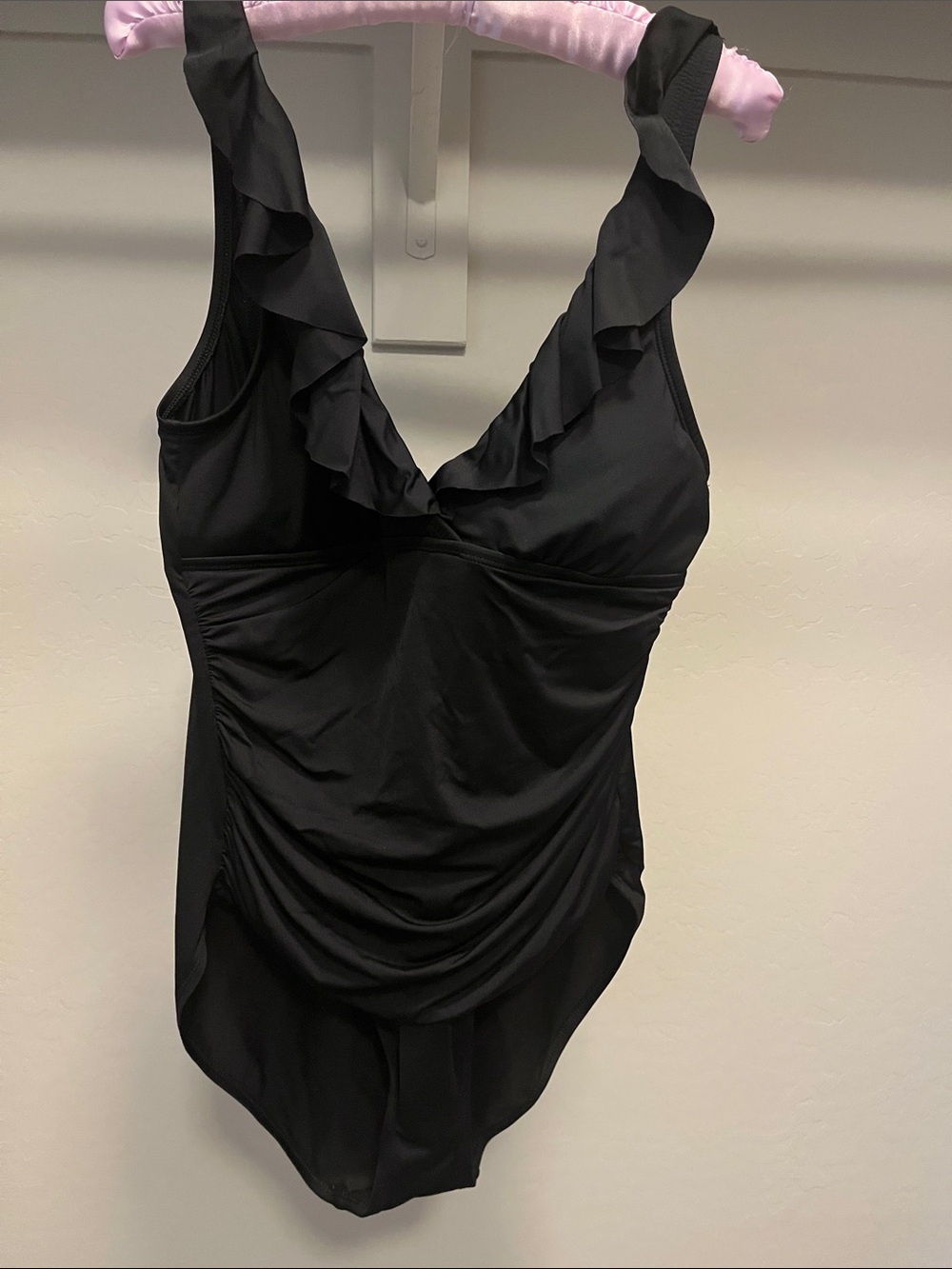 Chaps Black Ruffle V-Neck One-Piece Swimsuit